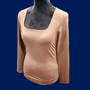 Neutral Simple Soft Brown Silky Stretch Satin Knit Top Small